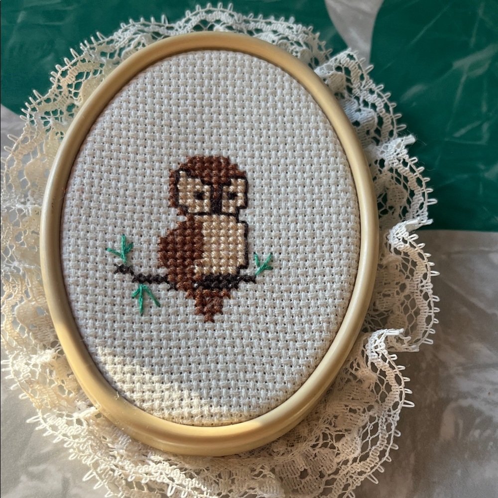 Vintage Handcrafted Owl Bird Cross-Stitch Decor